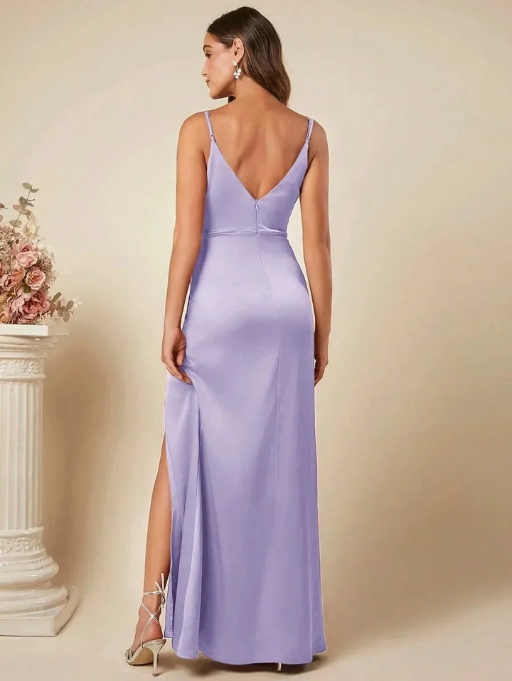 Elegant Maxi Satin Dress with Slit Detail - Reina