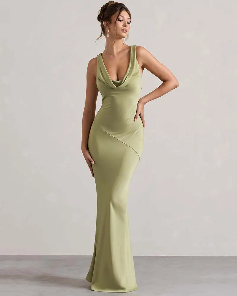 Maxi satin dress with draped collar and open back - Alexis