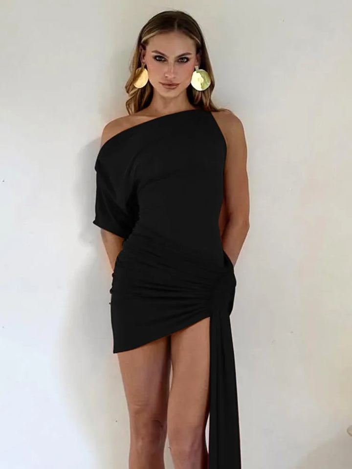 Mini dress with asymmetric design and train decoration - Nina