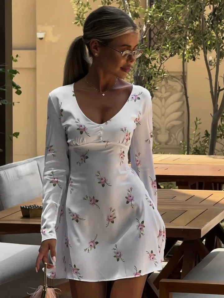 Satin Mini Dress with A-Line Cut and Floral Print Decoration - Ariya