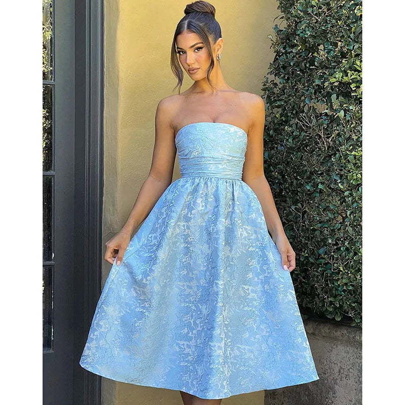 Midi Strapless A-Line Dress with Open Back and Floral Embroidery Detail - Flora