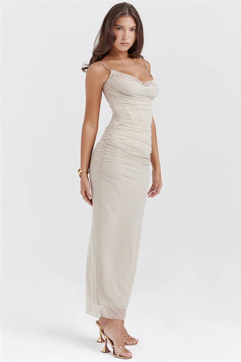Fitted Maxi Chiffon Dress with Lace Details - Rosalia