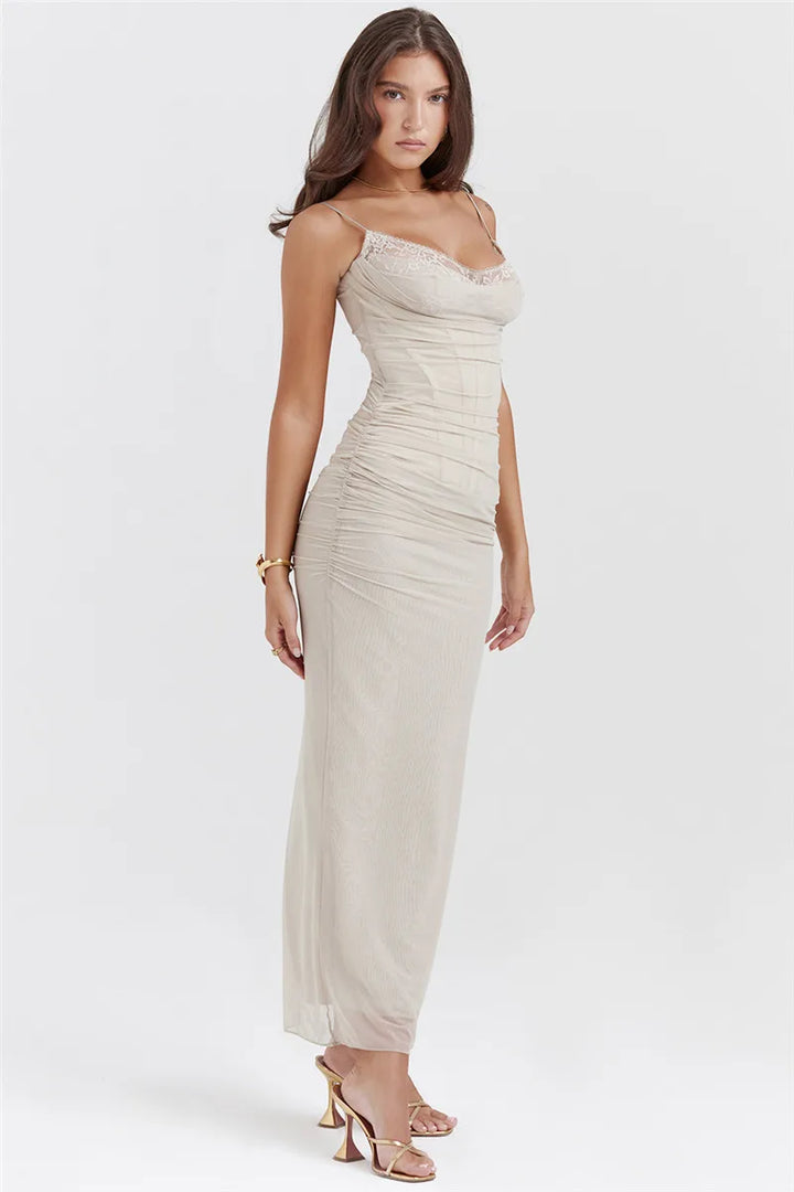 Fitted Maxi Chiffon Dress with Lace Details - Rosalia