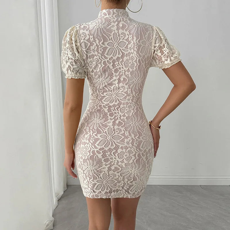 Lace mini dress with turtleneck collar and button decoration - Kimora