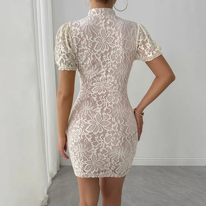 Lace mini dress with turtleneck collar and button decoration - Kimora