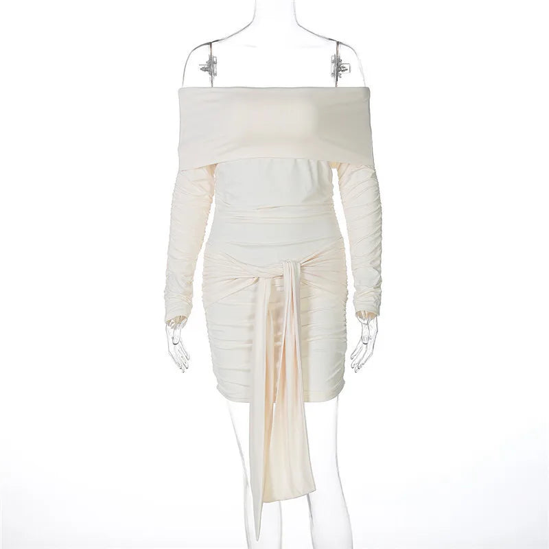 Mini dress with ruching, off-shoulder, and tie decoration - Alice