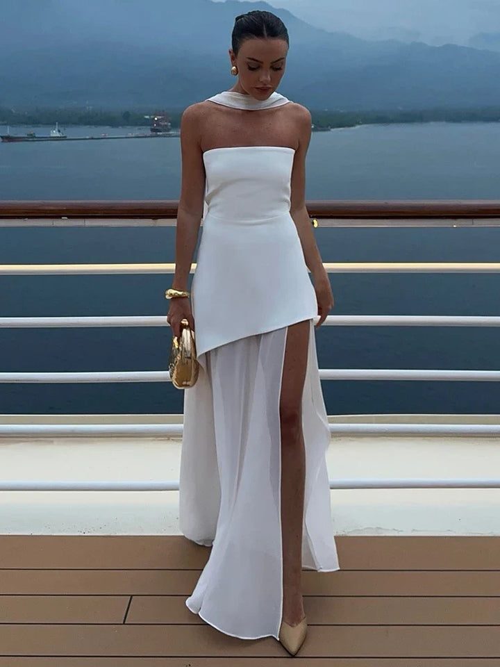 Strapless Maxi Dress with Chiffon Bottom, Slit Design, and Matching Scarf Detail - Princess