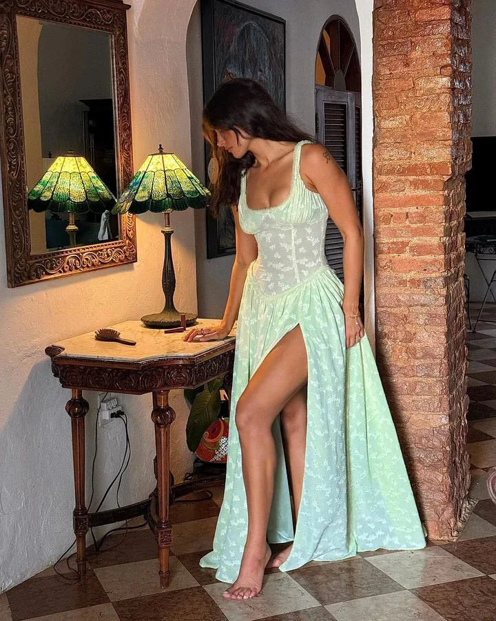Chiffon Maxi Dress with Floral Embroidery, A-Line Cut, and Slit Design - Alejandra
