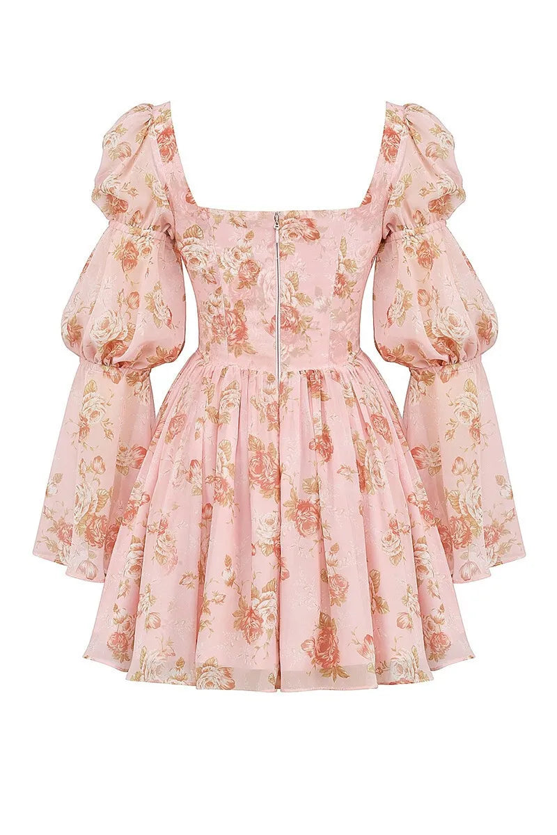 Floral Chiffon Mini Dress with A-Line Cut and Bell Sleeves - Florencia