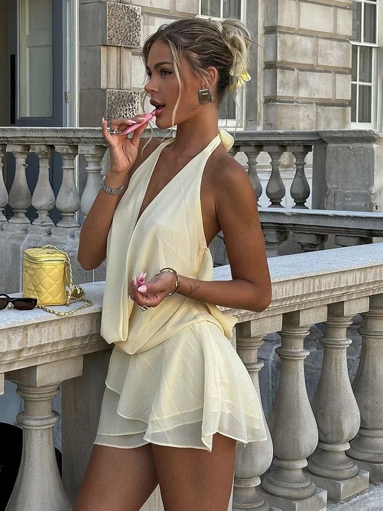 Ruffled Chiffon Mini Dress with Draped Collar and Open Back - Juliana