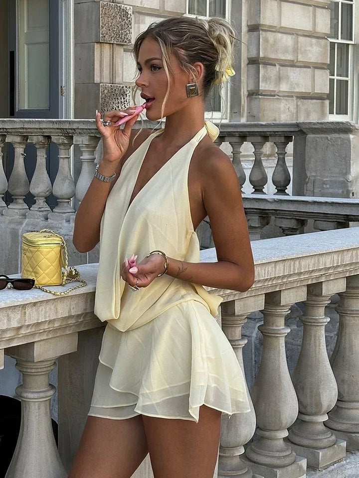 Ruffled Chiffon Mini Dress with Draped Collar and Open Back - Juliana