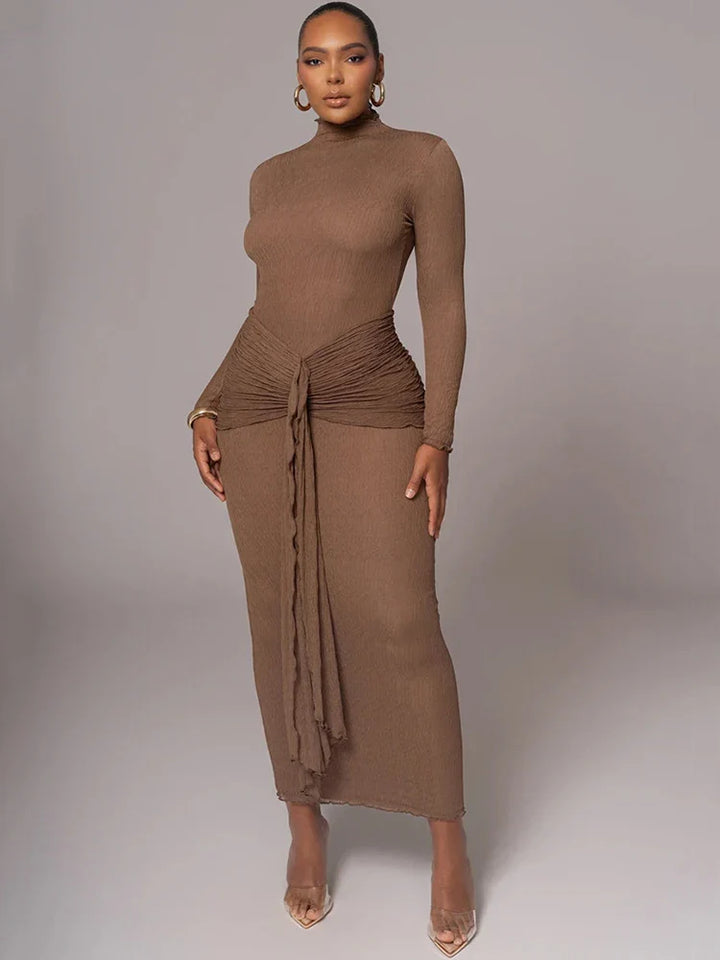 Maxi dress with ruching, tie decoration, and turtleneck collar - Halsey