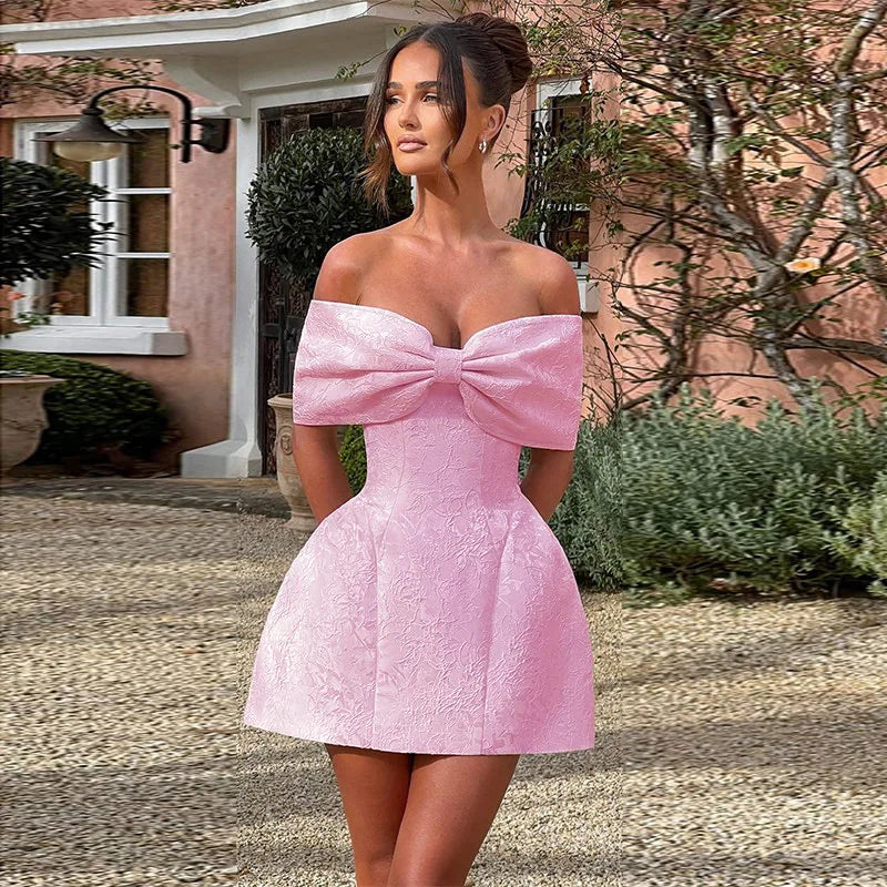 A-line mini dress with bow design and floral embroidery detail - Lenora