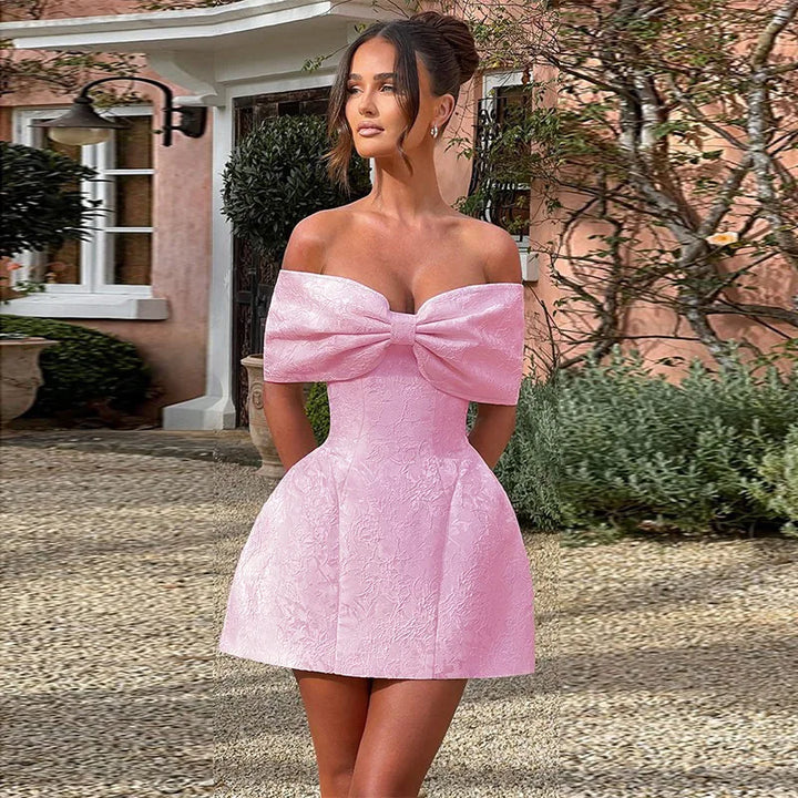 A-line mini dress with bow design and floral embroidery detail - Lenora
