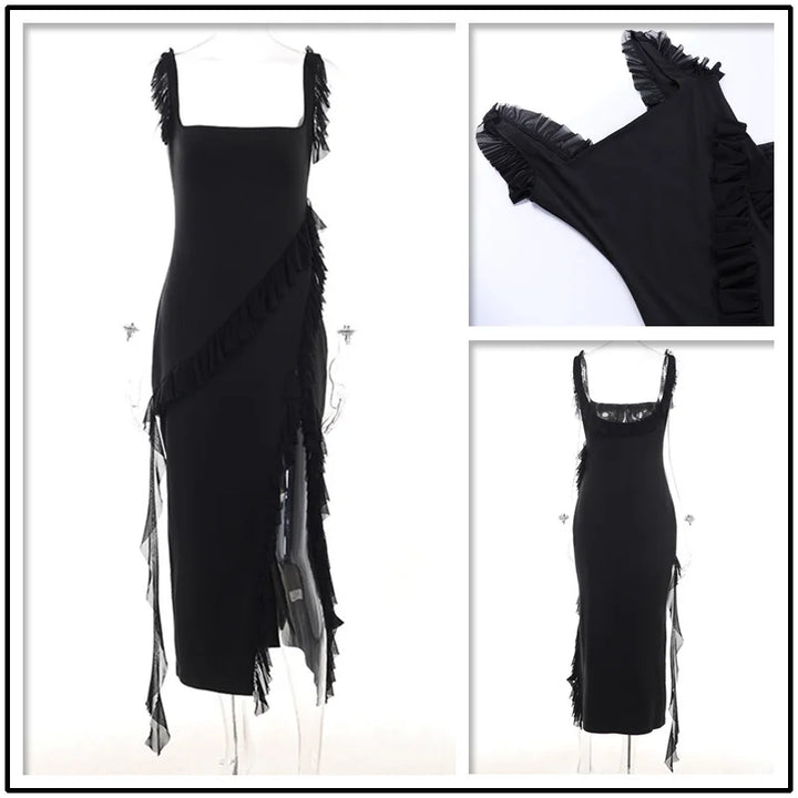 Maxi dress with ruffle decoration and slit design - Yahelia