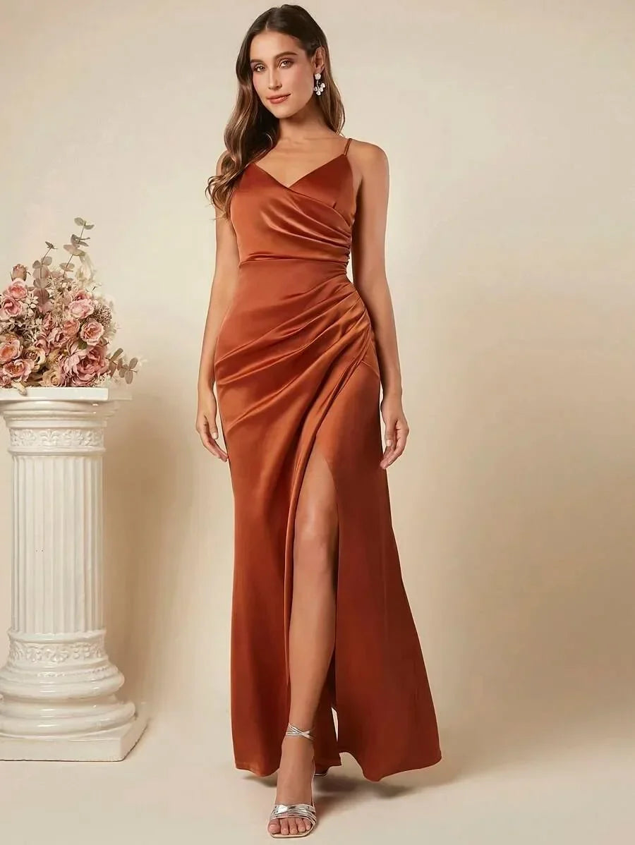 Elegant Maxi Satin Dress with Slit Detail - Reina