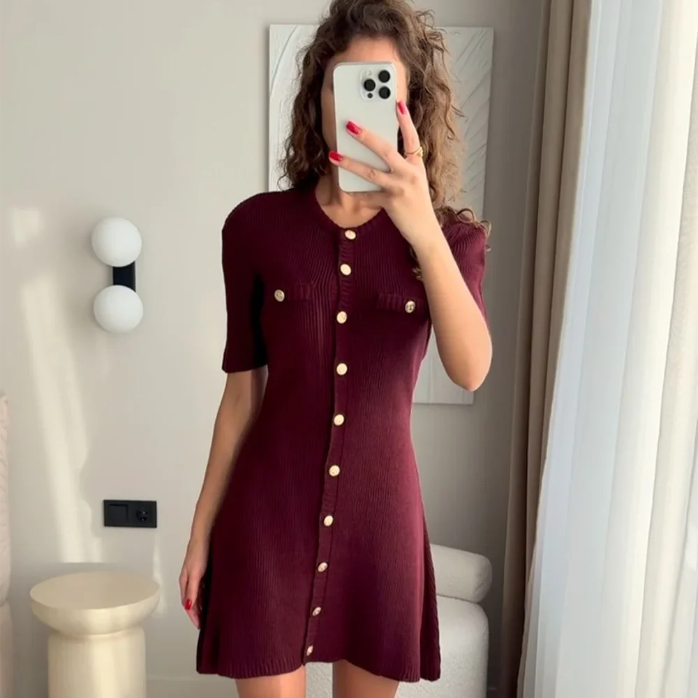 Knitted Mini Dress with Button Embellishment - Mary