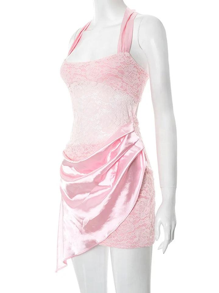 Satin mini dress with lace trim - Yovelia