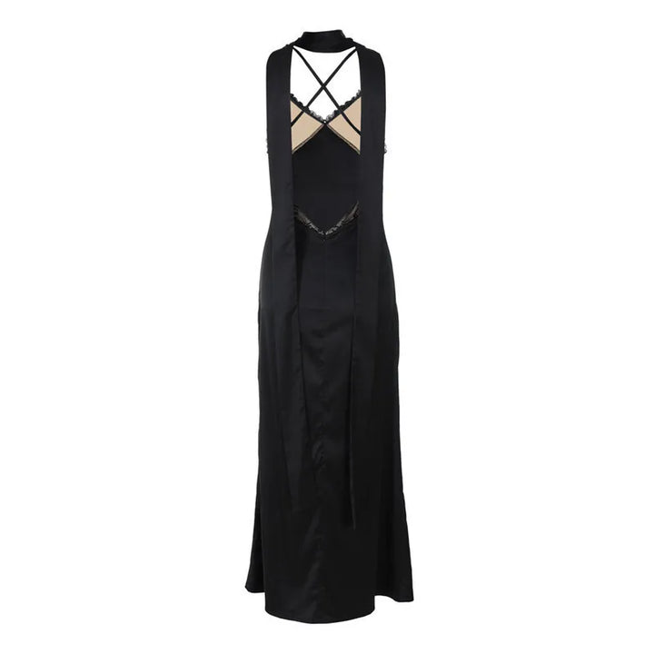 Maxi satin dress with lace decoration and matching scarf, open back - Liset