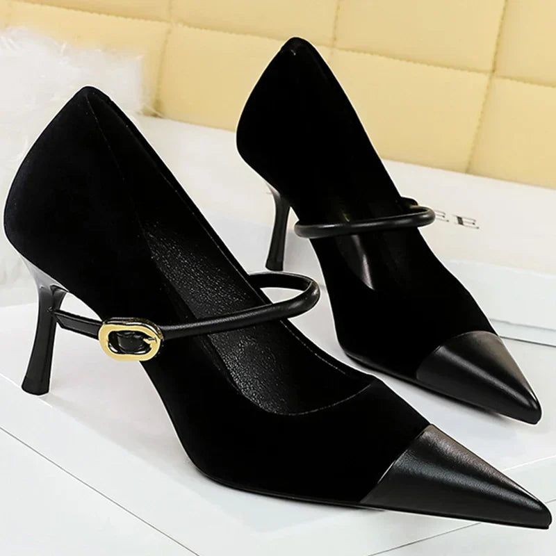 Pointed Heel Shoes with Velvet and Faux Leather Buckle Decoration - Mabel