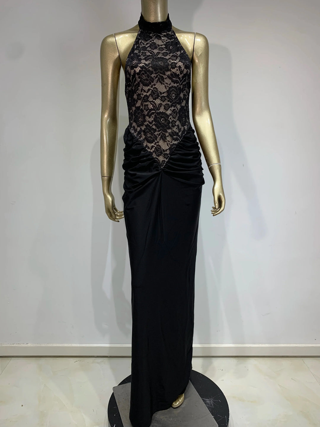 Maxi Dress with Ruching, Collar Cut, Opaque Lace Design, and Open Back - Elliana