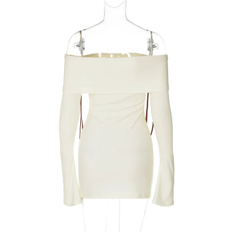 Knitted mini dress with off-shoulder and bow ribbon decoration - Yanga