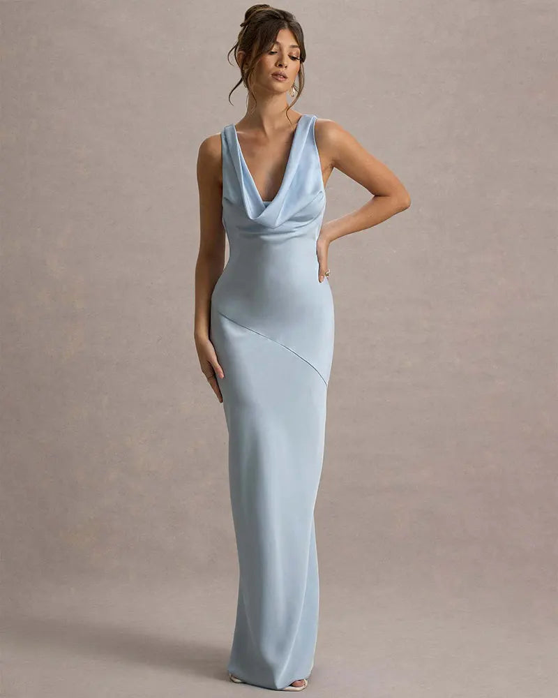 Maxi satin dress with draped collar and open back - Alexis