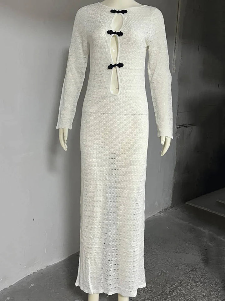 Knitted Maxi Beach Dress with Pin Decoration and Tie Detail on Open Back - Mikayla