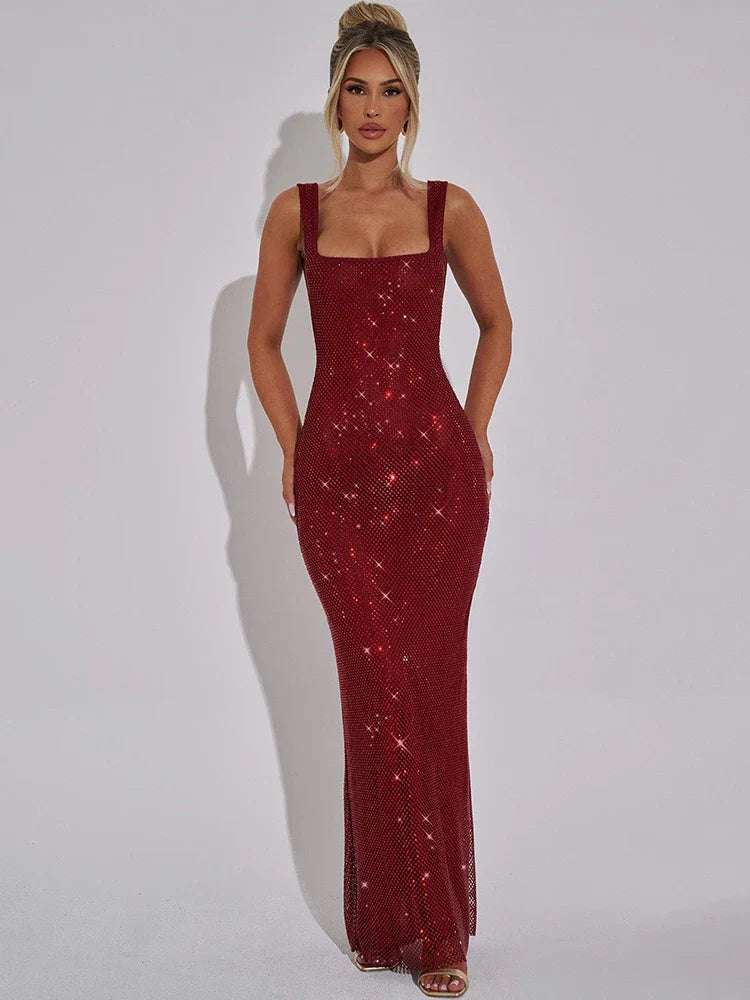 Mesh Maxi Dress with Sparkling Sequin Embellishment and Layered Skirt - Isla