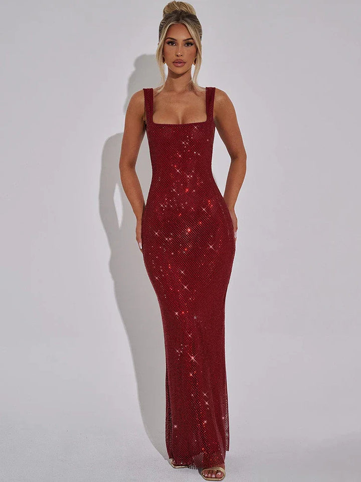 Mesh Maxi Dress with Sparkling Sequin Embellishment and Layered Skirt - Isla