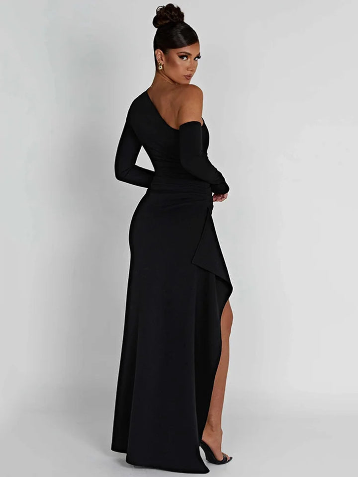 Ruffled maxi dress with shoulder slit and off-shoulder design - Melania