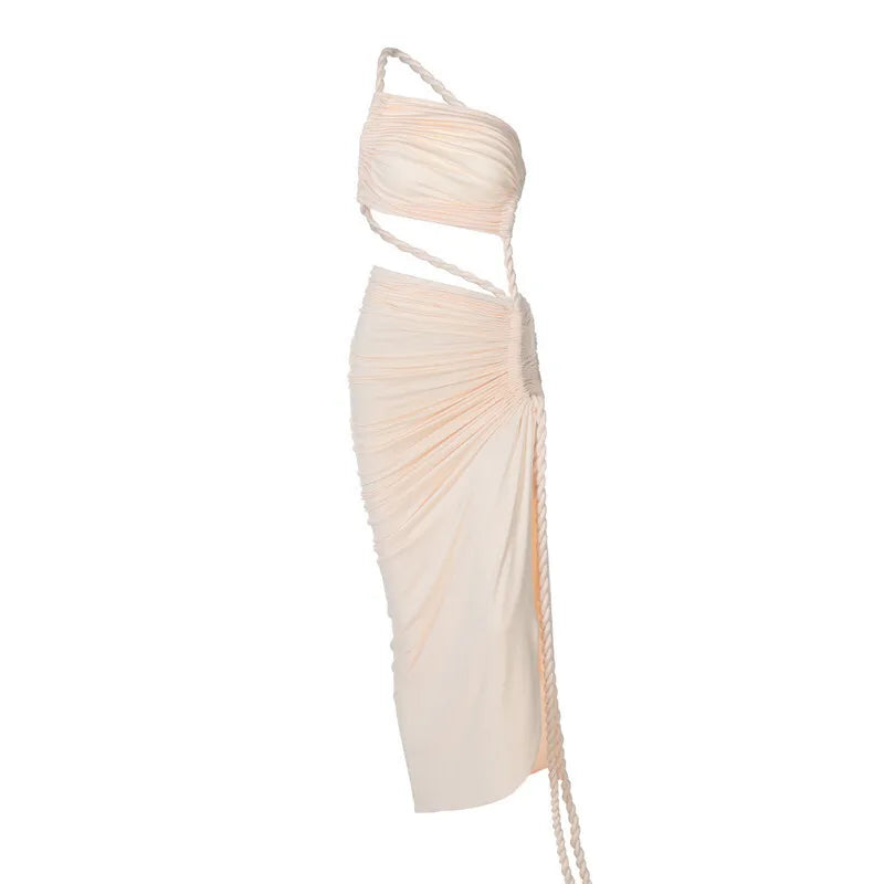 Maxi One-Shoulder Dress with Cutout and Slit, Braided Detail - Panama