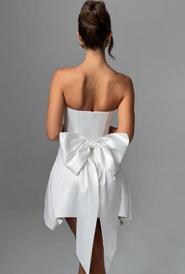 Strapless Satin Mini Dress with A-Line and Asymmetric Bow Detail - Roselyn
