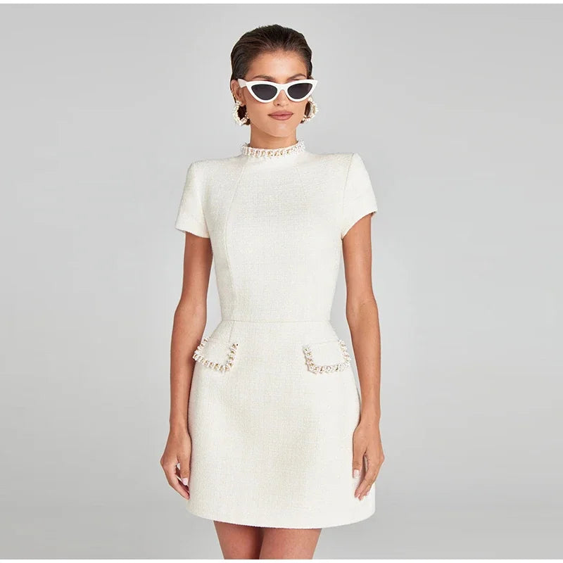 Elegant Mini Dress with Short/Long Sleeves, Tailored Style, Woven Fabric with Sequin and Pearl Embellishment - Lucia