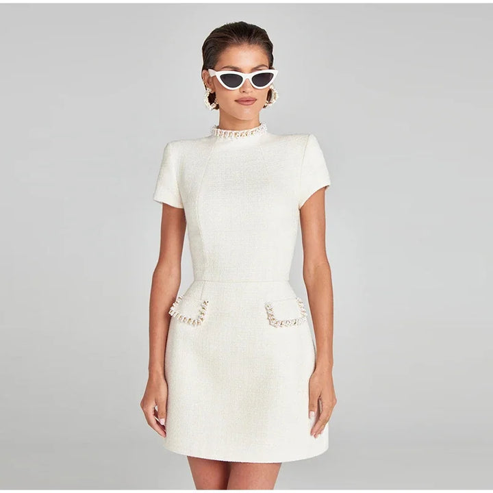 Elegant Mini Dress with Short/Long Sleeves, Tailored Style, Woven Fabric with Sequin and Pearl Embellishment - Lucia