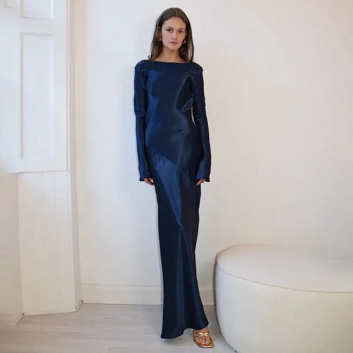 Maxi satin evening dress with open back, slit, and bell sleeves - Marian