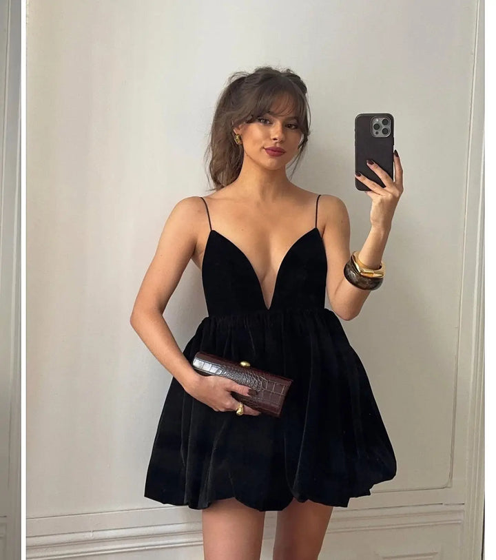 Velvet Mini Balloon Dress with Open Back - Myla