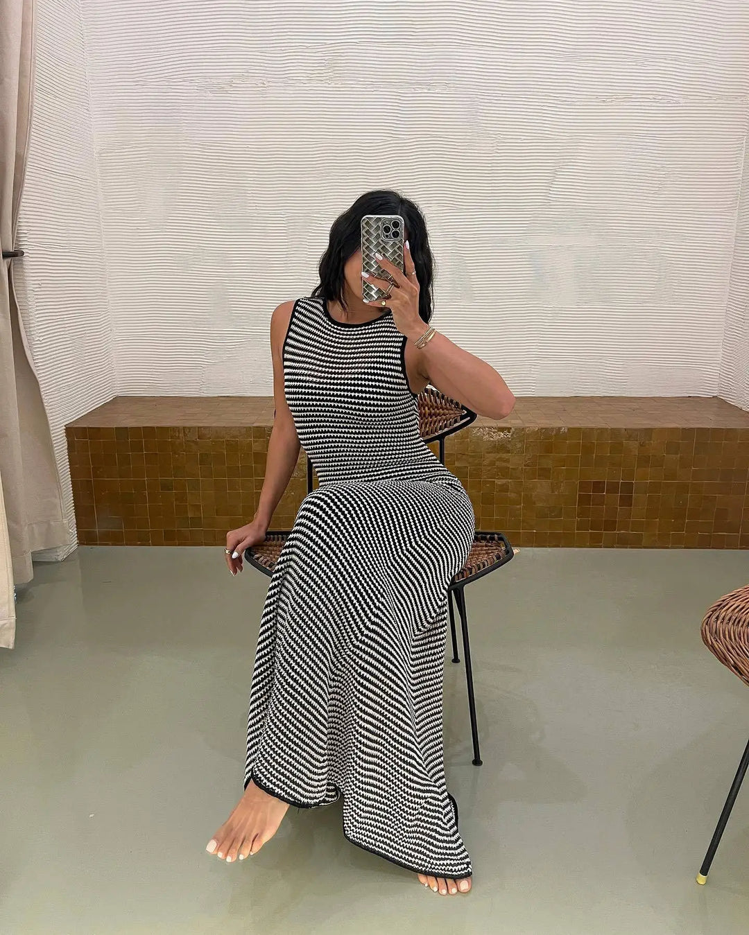 Knitted Maxi Dress with Black and White Stripes - Erica