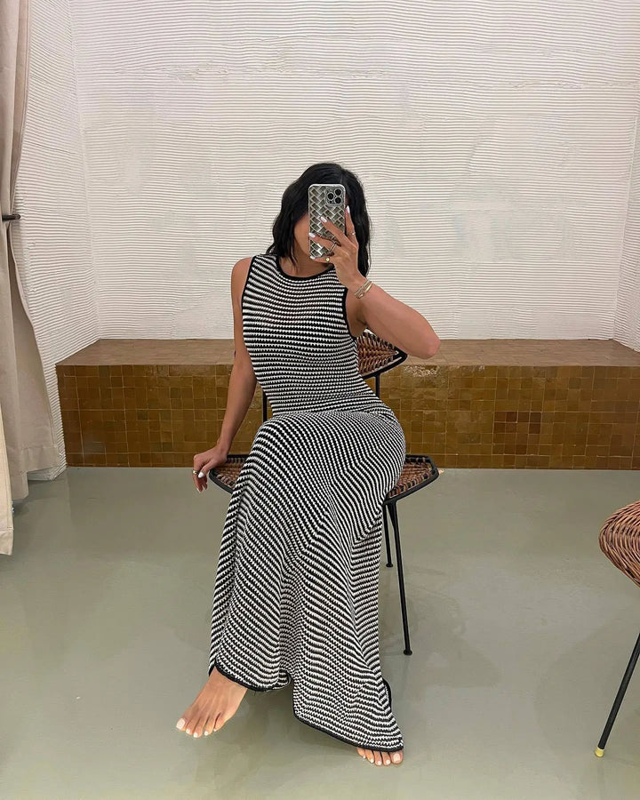 Knitted Maxi Dress with Black and White Stripes - Erica