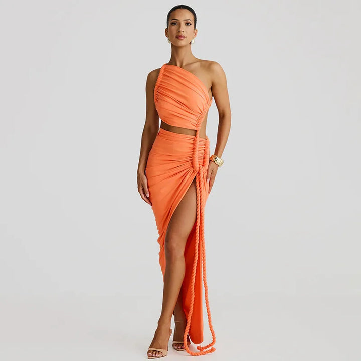 Maxi One-Shoulder Dress with Cutout and Slit, Braided Detail - Panama