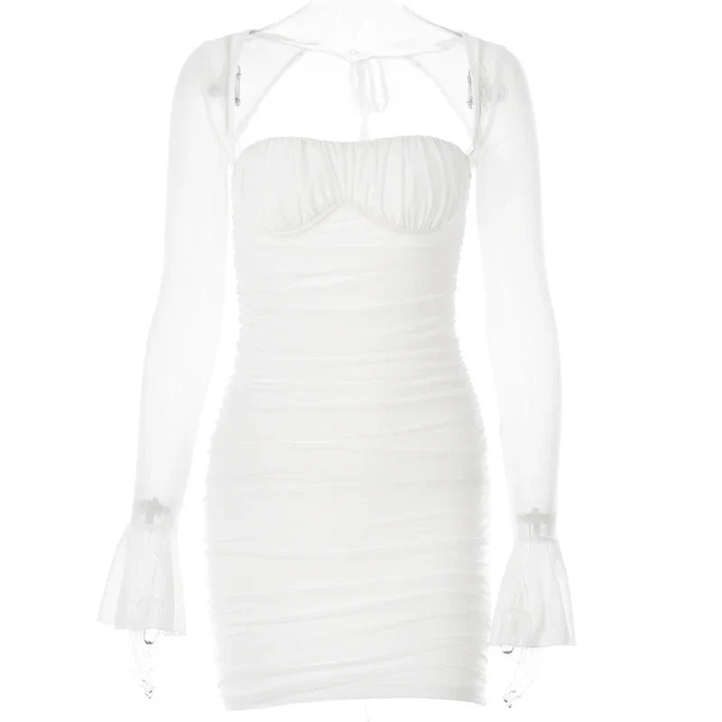 Ruched mini dress with open back and mesh sleeves - Ariana