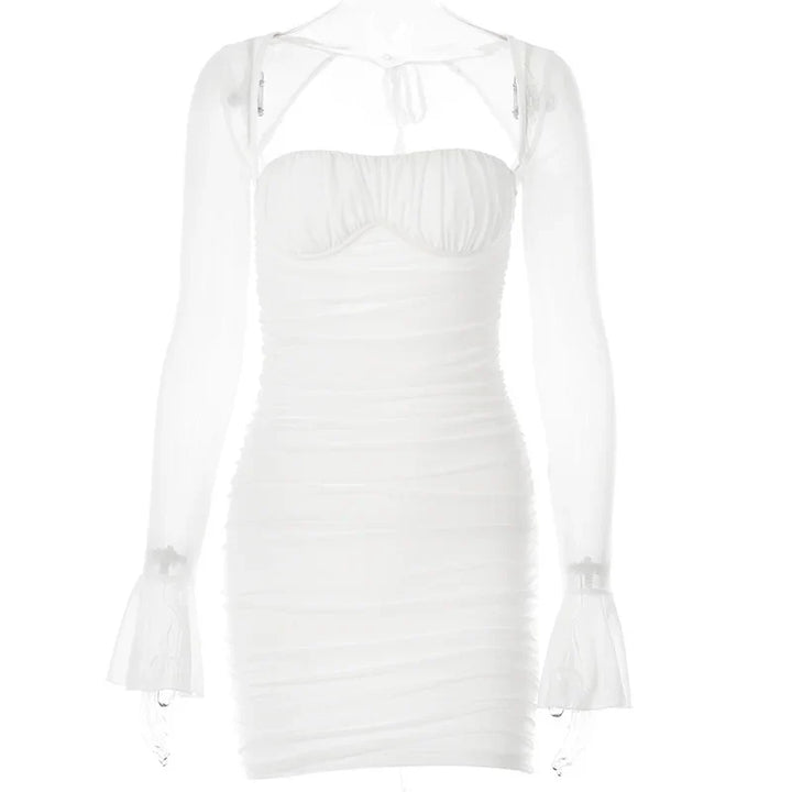 Ruched mini dress with open back and mesh sleeves - Ariana