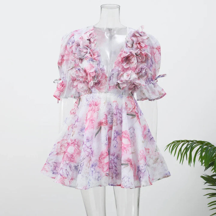 3D Floral Chiffon Ruffled Mini Dress - Mia