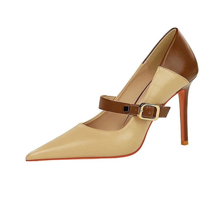 Faux Leather Pointed Heel Shoes with Buckle Decoration - Margaret