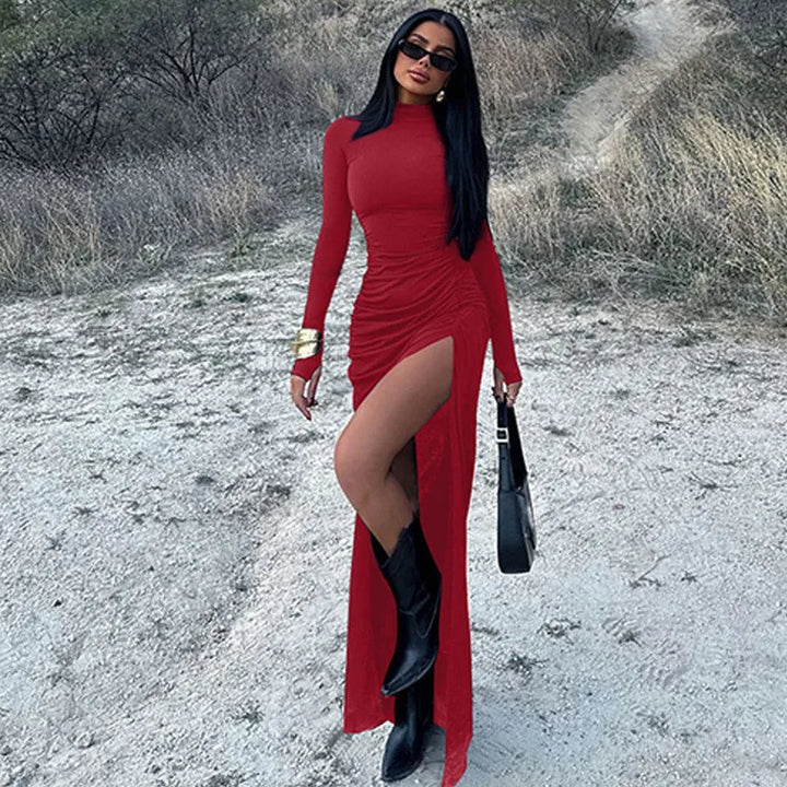 Maxi Dress with Ruching, Turtleneck, and Deep Slit - Sasha