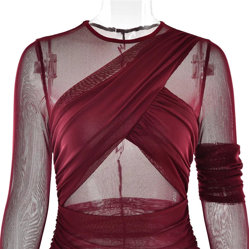Mesh maxi dress with ruching design - Gvan