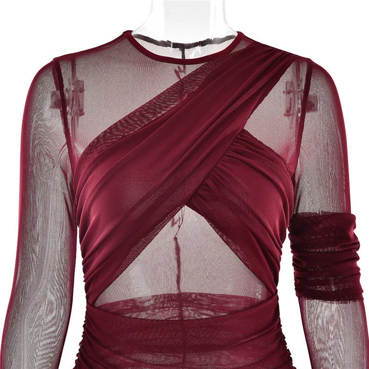 Mesh maxi dress with ruching design - Gvan