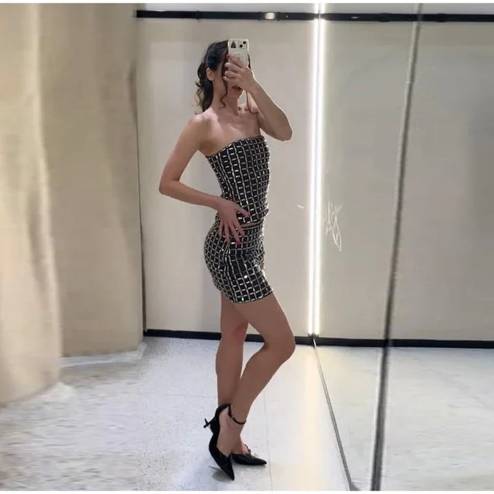 Strapless top / mini skirt / maxi dress / maxi dress with sparkling sequins design