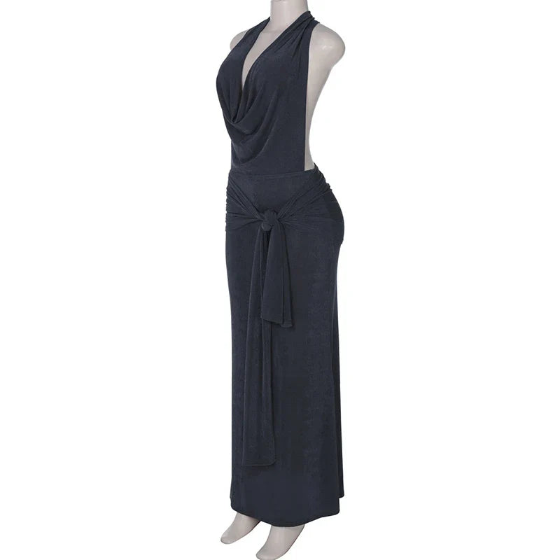 Knitted Suede Maxi Dress with Draped Collar, Open Back, and Tie Detail - Michaela