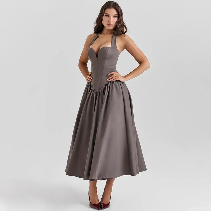 Midi A-Line Dress with Corset Design, Neck Tie - Tanya